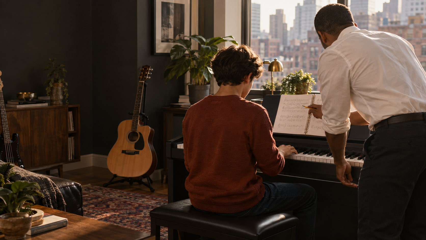 A music coach guiding a student at the piano during an in-home lesson